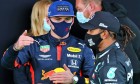 Max Verstappen (NLD) Red Bull Racing with Lewis Hamilton (GBR) Mercedes AMG F1 in parc ferme.