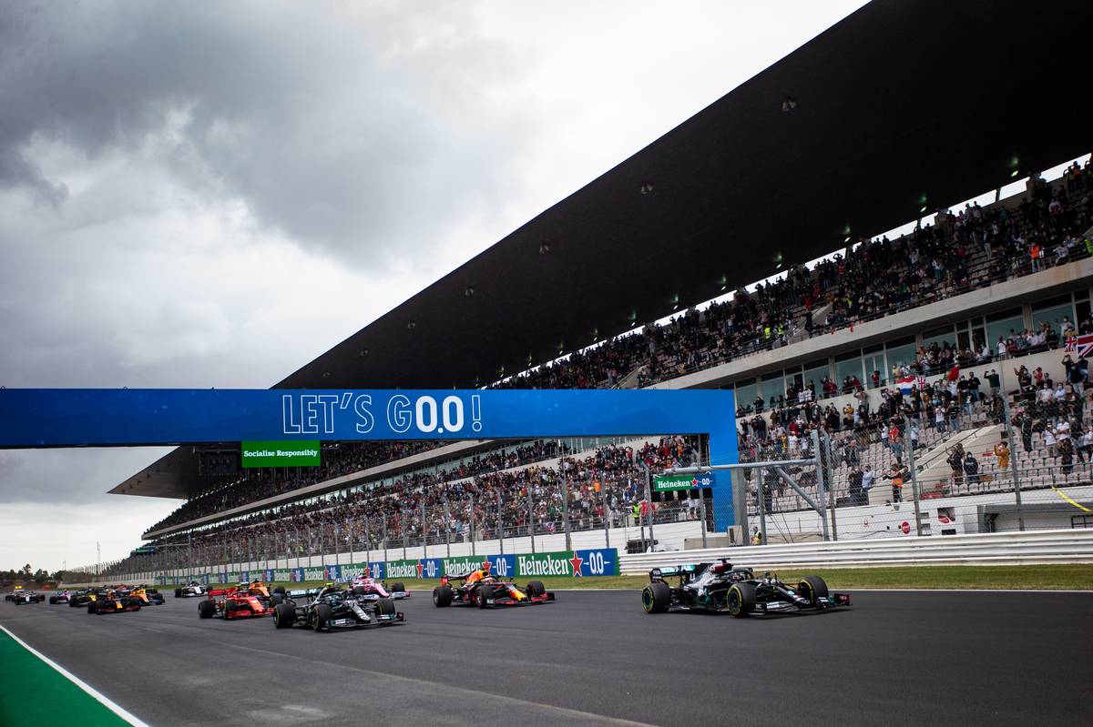 Lewis Hamilton (GBR) Mercedes AMG F1 W11 leads at the start of the race.