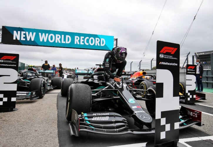 Lewis Hamilton (GBR) Mercedes AMG F1 W11 celebrates his record breaking 92nd Grand Prix victory in parc ferme.