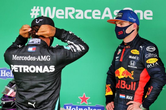 (L to R): Race winner Lewis Hamilton (GBR) Mercedes AMG F1 in parc ferme with Max Verstappen (NLD) Red Bull Racing.
25.10.2020. Formula 1 World Championship, Rd 12, Portuguese Grand Prix, Portimao, Portugal, Race Day.
- www.xpbimages.com, EMail: requests@xpbimages.com © Copyright: Charniaux / XPB Images