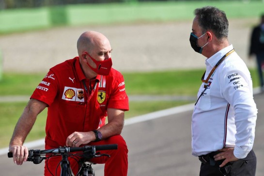 (L to R): Jock Clear (GBR) Ferrari Engineering Director with Ron Meadows (GBR) Mercedes GP Team Manager.
30.10.2020. Formula 1 World Championship, Rd 13, Emilia Romagna Grand Prix, Imola, Italy, Practice Day.
- www.xpbimages.com, EMail: requests@xpbimages.com © Copyright: Batchelor / XPB Images