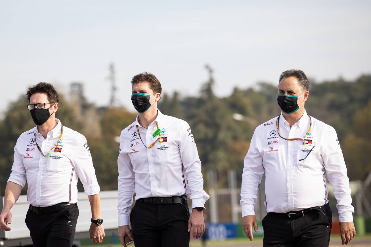 Andrew Shovlin (GBR) Mercedes AMG F1 Engineer; James Vowles (GBR) Mercedes AMG F1 Chief Strategist; and Ron Meadows (GBR) Mercedes GP Team Manager, walk the circuit.