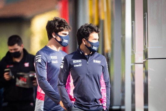 (L to R): Lance Stroll (CDN) Racing Point F1 Team with team mate Sergio Perez (MEX) Racing Point F1 Team.
30.10.2020. Formula 1 World Championship, Rd 13, Emilia Romagna Grand Prix, Imola, Italy, Practice Day.
- www.xpbimages.com, EMail: requests@xpbimages.com © Copyright: Bearne / XPB Images