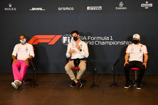 (L to R): Lewis Hamilton (GBR) Mercedes AMG F1; Toto Wolff (GER) Mercedes AMG F1 Shareholder and Executive Director; Valtteri Bottas (FIN) Mercedes AMG F1, in the FIA Press Conference.
30.10.2020. Formula 1 World Championship, Rd 13, Emilia Romagna Grand Prix, Imola, Italy, Practice Day.
- www.xpbimages.com, EMail: requests@xpbimages.com © Copyright: FIA Pool Image for Editorial Use Only