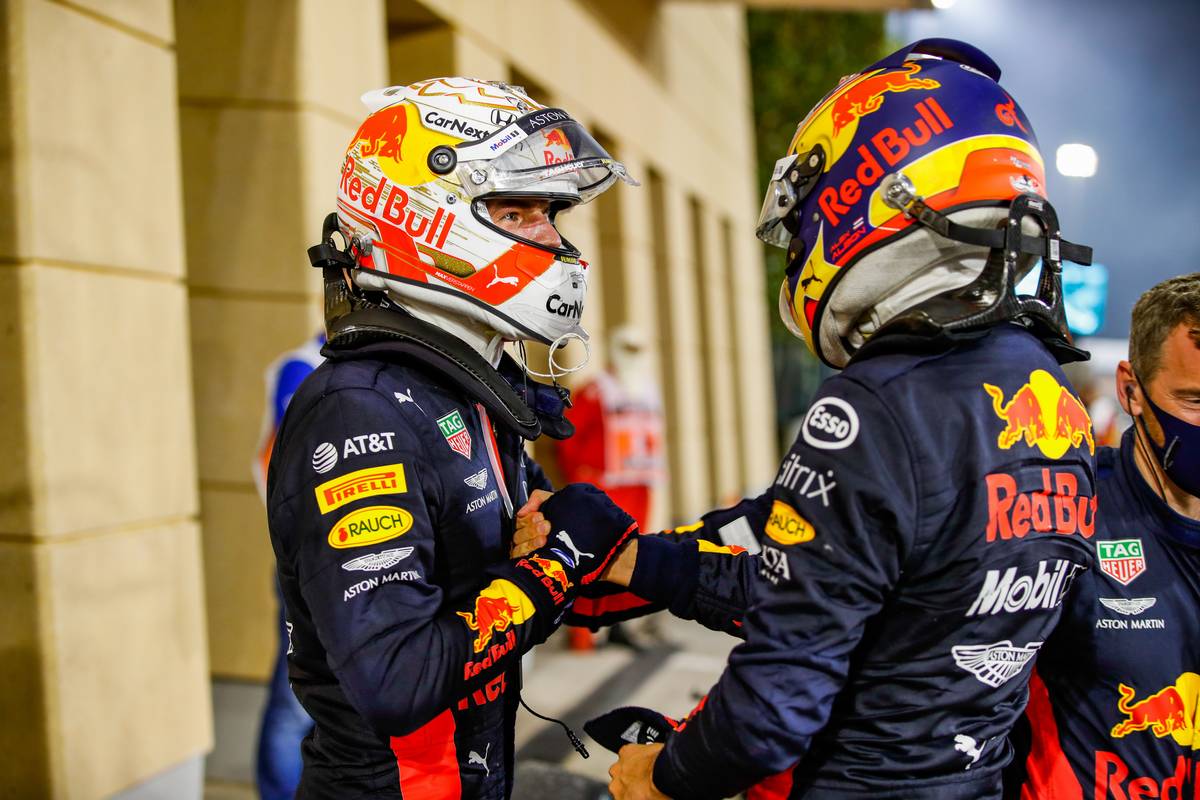 Max Verstappen (NLD) Red Bull Racing celebrates his second position with third placed team mate Alexander Albon (THA) Red Bull Racing. 29.11.2020. Formula 1 World Championship, Rd 15, Bahrain Grand Prix