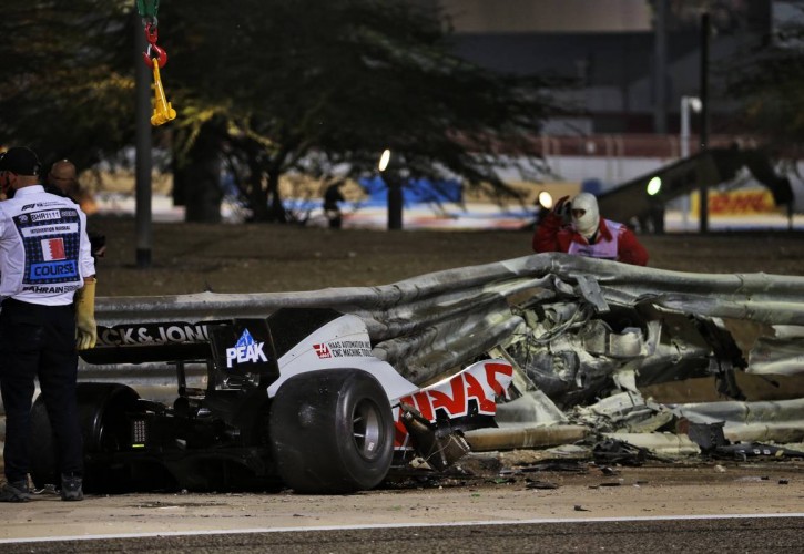The heavily damaged Haas F1 Team VF-20 of Romain Grosjean (FRA) Haas F1 Team after crashed at the start of the race and exploded into flames, destroying the armco barrier. 29.11.2020. Formula 1 World Championship, Rd 15, Bahrain Grand Prix