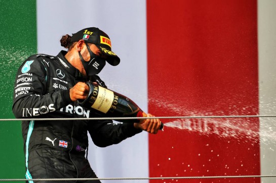 Race winner Lewis Hamilton (GBR) Mercedes AMG F1 celebrates on the podium.
01.11.2020. Formula 1 World Championship, Rd 13, Emilia Romagna Grand Prix, Imola, Italy, Race Day.
- www.xpbimages.com, EMail: requests@xpbimages.com © Copyright: Batchelor / XPB Images