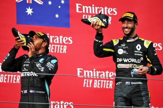 Daniel Ricciardo (AUS) Renault F1 Team celebrates his third position on the podium with race winner Lewis Hamilton (GBR) Mercedes AMG F1.
01.11.2020. Formula 1 World Championship, Rd 13, Emilia Romagna Grand Prix, Imola, Italy, Race Day.
- www.xpbimages.com, EMail: requests@xpbimages.com © Copyright: Batchelor / XPB Images