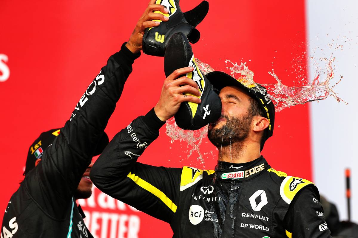 replica Team up with gallery Ricciardo celebrates after 'bizarre' second podium of 2020