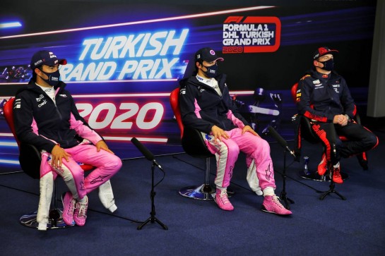 The post qualifying FIA Press Conference (L to R): Sergio Perez (MEX) Racing Point F1 Team, second; Lance Stroll (CDN) Racing Point F1 Team, pole position; Max Verstappen (NLD) Red Bull Racing, third.
14.11.2020. Formula 1 World Championship, Rd 14, Turkish Grand Prix, Istanbul, Turkey, Qualifying Day.
- www.xpbimages.com, EMail: requests@xpbimages.com © Copyright: Batchelor / XPB Images