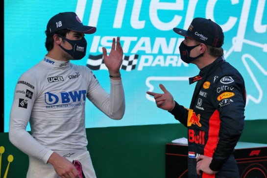 (L to R): pole sitter Lance Stroll (CDN) Racing Point F1 Team with Max Verstappen (NLD) Red Bull Racing in qualifying parc ferme.
14.11.2020. Formula 1 World Championship, Rd 14, Turkish Grand Prix, Istanbul, Turkey, Qualifying Day.
- www.xpbimages.com, EMail: requests@xpbimages.com © Copyright: Batchelor / XPB Images