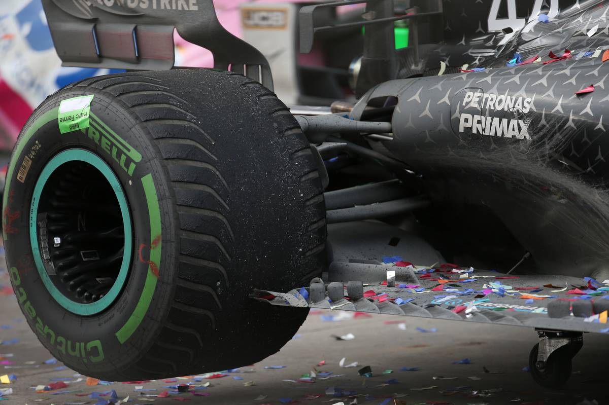 Lewis Hamilton (GBR) Mercedes AMG F1 W11 rear tyre.