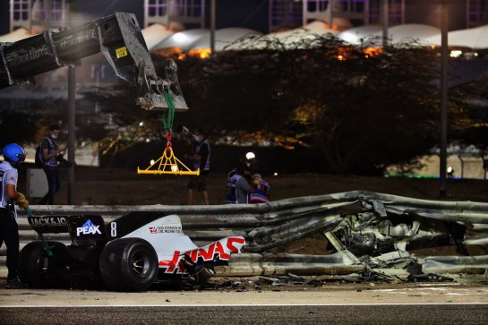 The heavily damaged Haas F1 Team VF-20 of Romain Grosjean (FRA) Haas F1 Team after crashed at the start of the race and exploded into flames, destroying the armco barrier.
29.11.2020. Formula 1 World Championship, Rd 15, Bahrain Grand Prix, Sakhir, Bahrain, Race Day.
- www.xpbimages.com, EMail: requests@xpbimages.com © Copyright: Batchelor / XPB Images