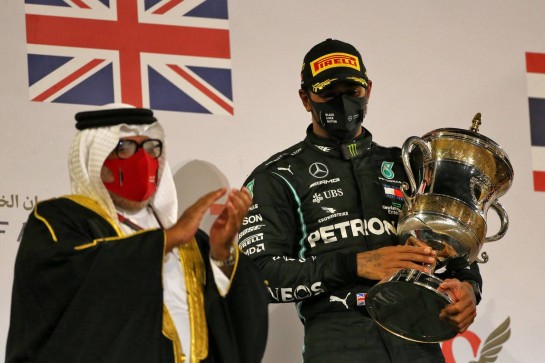 Race winner Lewis Hamilton (GBR) Mercedes AMG F1 celebrates on the podium.
29.11.2020. Formula 1 World Championship, Rd 15, Bahrain Grand Prix, Sakhir, Bahrain, Race Day.
- www.xpbimages.com, EMail: requests@xpbimages.com © Copyright: Moy / XPB Images