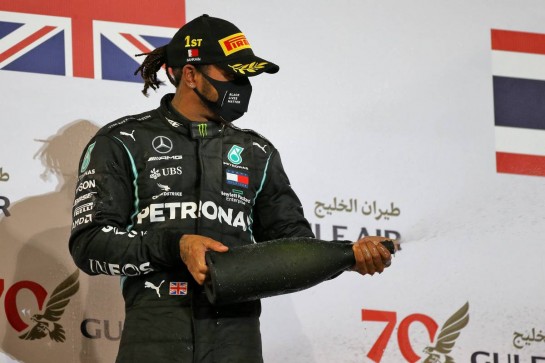 Race winner Lewis Hamilton (GBR) Mercedes AMG F1 celebrates on the podium.
29.11.2020. Formula 1 World Championship, Rd 15, Bahrain Grand Prix, Sakhir, Bahrain, Race Day.
- www.xpbimages.com, EMail: requests@xpbimages.com © Copyright: Moy / XPB Images