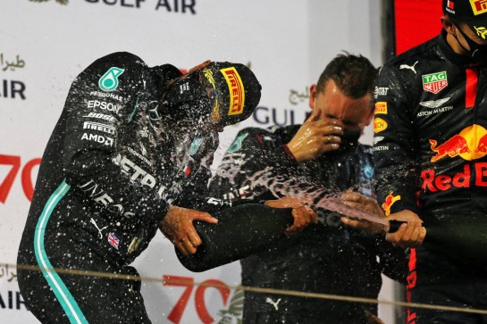 Race winner Lewis Hamilton (GBR) Mercedes AMG F1 celebrates on the podium.
29.11.2020. Formula 1 World Championship, Rd 15, Bahrain Grand Prix, Sakhir, Bahrain, Race Day.
- www.xpbimages.com, EMail: requests@xpbimages.com © Copyright: Moy / XPB Images