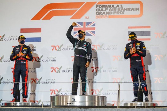 The podium (L to R): Max Verstappen (NLD) Red Bull Racing, second; Lewis Hamilton (GBR) Mercedes AMG F1, race winner; Alexander Albon (THA) Red Bull Racing, third.
29.11.2020. Formula 1 World Championship, Rd 15, Bahrain Grand Prix, Sakhir, Bahrain, Race Day.
- www.xpbimages.com, EMail: requests@xpbimages.com © Copyright: FIA Pool Image for Editorial Use Only