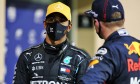 Lewis Hamilton (GBR) Mercedes AMG F1 in qualifying parc ferme with Max Verstappen (NLD) Red Bull Racing. 12.12.2020. Formula 1 World Championship, Rd 17, Abu Dhabi Grand Prix