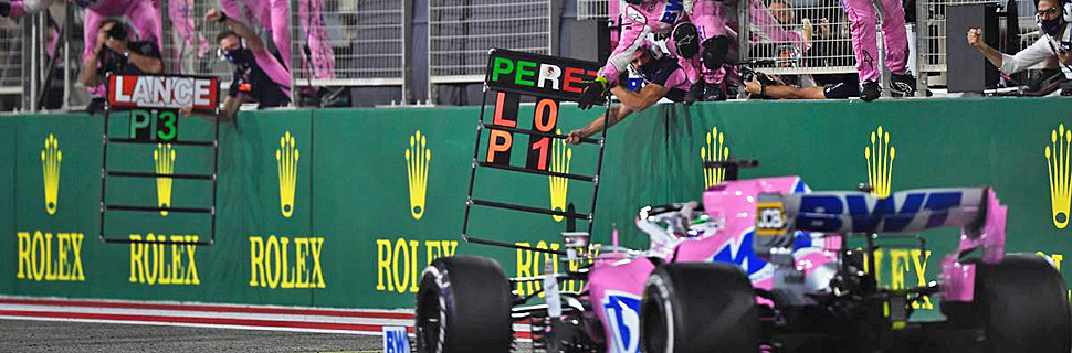 Race winner Sergio Perez (MEX) Racing Point F1 Team RP19 celebrates as he passes the team at the end of the race. 06.12.2020. Formula 1 World Championship, Rd 16, Sakhir Grand Prix