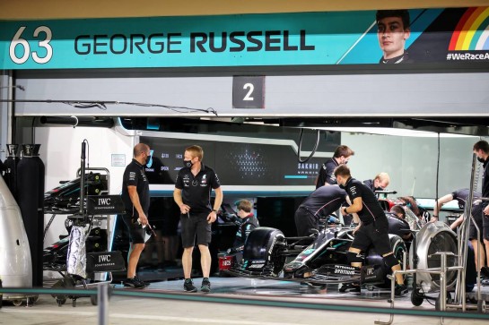 Pit garage for George Russell (GBR) Mercedes AMG F1.
03.12.2020. Formula 1 World Championship, Rd 16, Sakhir Grand Prix, Sakhir, Bahrain, Preparation Day.
- www.xpbimages.com, EMail: requests@xpbimages.com © Copyright: Batchelor / XPB Images