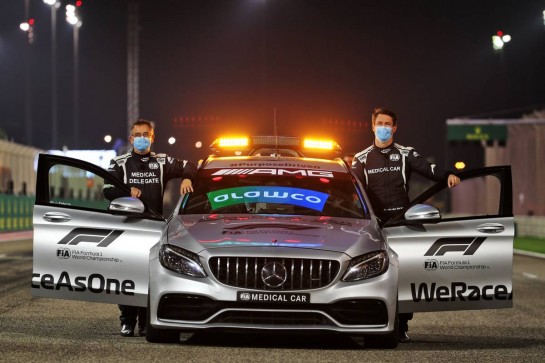 (L to R): Dr Ian Roberts (GBR) FIA Doctor and Alan Van Der Merwe (RSA) FIA Medical Car Driver with the FIA Medical Car.
03.12.2020. Formula 1 World Championship, Rd 16, Sakhir Grand Prix, Sakhir, Bahrain, Preparation Day.
- www.xpbimages.com, EMail: requests@xpbimages.com © Copyright: Batchelor / XPB Images