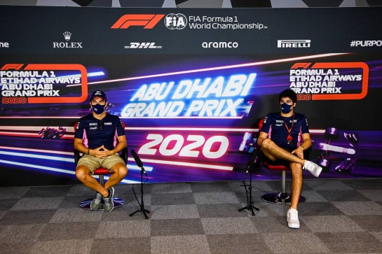 (L to R): Sergio Perez (MEX) Racing Point F1 Team and team mate Lance Stroll (CDN) Racing Point F1 Team in the FIA Press Conference.
10.12.2020. Formula 1 World Championship, Rd 17, Abu Dhabi Grand Prix, Yas Marina Circuit, Abu Dhabi, Preparation Day.
- www.xpbimages.com, EMail: requests@xpbimages.com © Copyright: FIA Pool Image for Editorial Use Only
