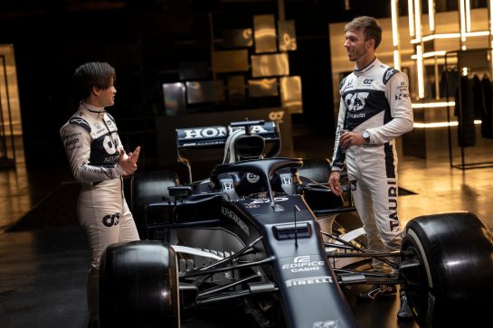 Yuki Tsunoda of Japan and Pierre Gasly of France seen during the Suderia AlphaTauri AT02 Livery Reveal 2021 - Fashion meets Formula 1 in Salzburg, Austria on February 15, 2021. // Joerg Mitter / Red Bull Content Pool // SI202102180169 // Usage for editorial use only //