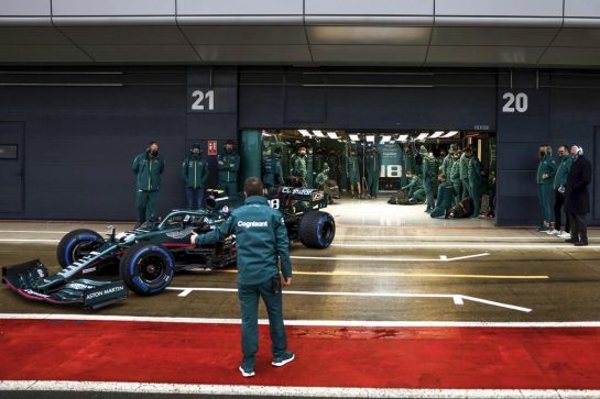 Lance Stroll, Aston Martin AMR21 comes out of the garage