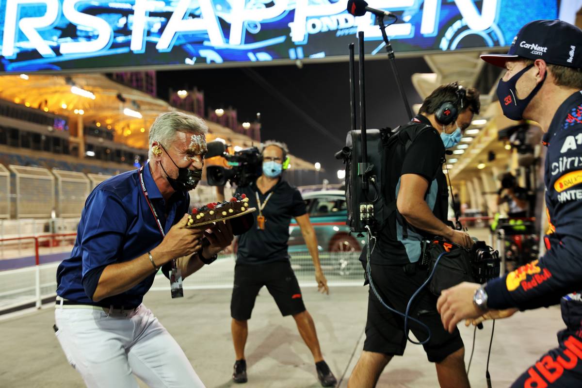 Max Verstappen (NLD) Red Bull Racing presents David Coulthard (GBR) Red Bull Racing and Scuderia Toro Advisor / Channel 4 F1 Commentator with his 50th birthday cake in qualifying parc ferme. 27.03.2021. Formula 1 World Championship, Rd 1, Bahrain