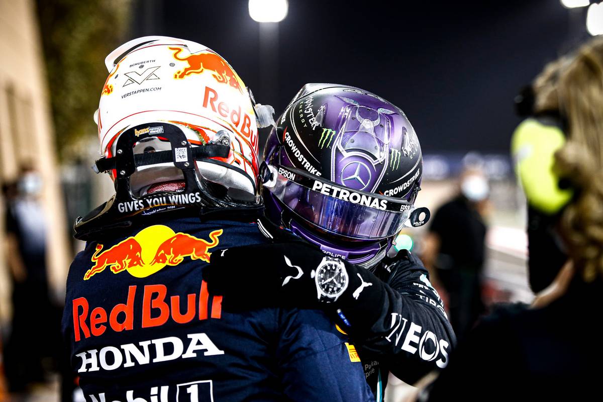 Race winner Lewis Hamilton (GBR) Mercedes AMG F1 celebrates with second placed Max Verstappen (NLD) Red Bull Racing in parc ferme. 28.03.2021. Formula 1 World Championship, Rd 1, Bahrain Grand Prix