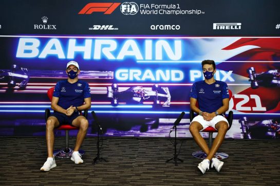 (L to R): Nicholas Latifi (CDN) Williams Racing and George Russell (GBR) Williams Racing in the FIA Press Conference.
25.03.2021. Formula 1 World Championship, Rd 1, Bahrain Grand Prix, Sakhir, Bahrain, Preparation Day.
- www.xpbimages.com, EMail: requests@xpbimages.com © Copyright: FIA Pool Image for Editorial Use Only