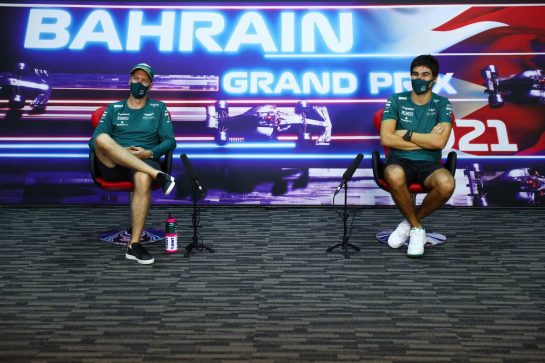 (L to R): Sebastian Vettel (GER) Aston Martin F1 Team and team mate Lance Stroll (CDN) Aston Martin F1 Team in the FIA Press Conference.
25.03.2021. Formula 1 World Championship, Rd 1, Bahrain Grand Prix, Sakhir, Bahrain, Preparation Day.
- www.xpbimages.com, EMail: requests@xpbimages.com © Copyright: FIA Pool Image for Editorial Use Only