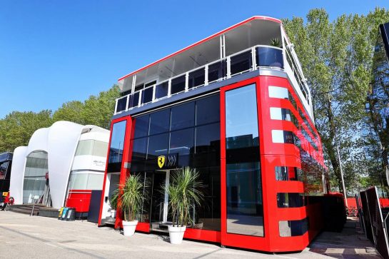 Ferrari motorhome in the paddock.
16.04.2021. Formula 1 World Championship, Rd 2, Emilia Romagna Grand Prix, Imola, Italy, Practice Day.
- www.xpbimages.com, EMail: requests@xpbimages.com © Copyright: Moy / XPB Images