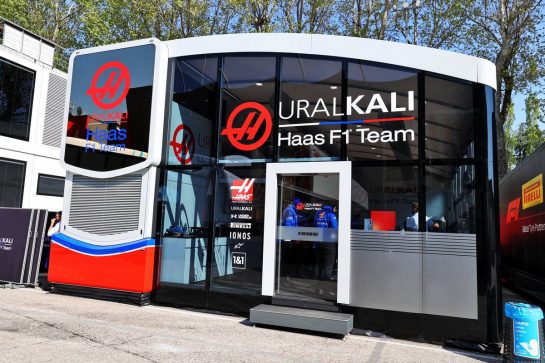 Haas F1 Team motorhome in the paddock.
16.04.2021. Formula 1 World Championship, Rd 2, Emilia Romagna Grand Prix, Imola, Italy, Practice Day.
- www.xpbimages.com, EMail: requests@xpbimages.com © Copyright: Moy / XPB Images