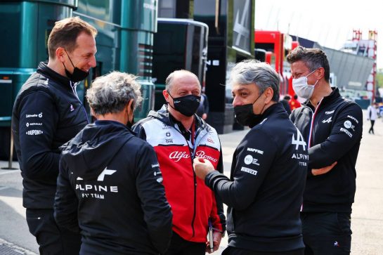 (L to R): Laurent Rossi (FRA) Alpine Chief Executive Officer; Alain Prost (FRA) Alpine F1 Team Non-Executive Director; Frederic Vasseur (FRA) Alfa Romeo Racing Team Principal; Luca de Meo (ITA) Groupe Renault Chief Executive Officer; Marcin Budkowski (POL) Alpine F1 Team Executive Director.
17.04.2021. Formula 1 World Championship, Rd 2, Emilia Romagna Grand Prix, Imola, Italy, Qualifying Day.
- www.xpbimages.com, EMail: requests@xpbimages.com © Copyright: Moy / XPB Images