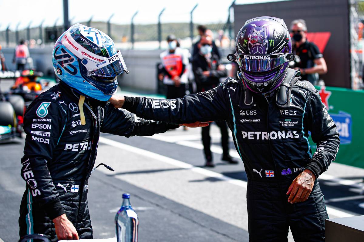 Valtteri Bottas (FIN) Mercedes AMG F1 celebrates his pole position in qualifying parc ferme with second placed team mate Lewis Hamilton (GBR) Mercedes AMG F1. 01.05.2021. Formula 1 World Championship, Rd 3, Portuguese Grand Prix, Portimao