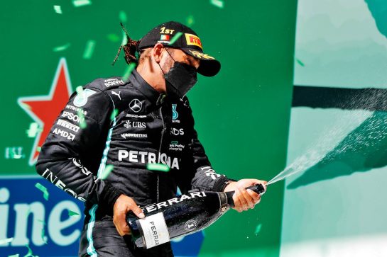 Race winner Lewis Hamilton (GBR) Mercedes AMG F1 celebrates on the podium.
02.05.2021. Formula 1 World Championship, Rd 3, Portuguese Grand Prix, Portimao, Portugal, Race Day.
- www.xpbimages.com, EMail: requests@xpbimages.com © Copyright: Staley / XPB Images