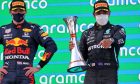 Race winner Lewis Hamilton (GBR) Mercedes AMG F1 celebrates on the podium with Max Verstappen (NLD) Red Bull Racing (Left). 09.05.2021. Formula 1 World Championship, Rd 4, Spanish Grand Prix, Barcelona
