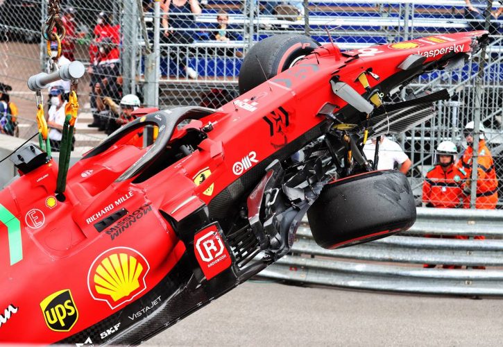 The damaged Ferrari SF-21 of pole sitter Charles Leclerc (MON) Ferrari, who crashed out at the end of qualifying. 22.05.2021. Formula 1 World Championship, Rd 5, Monaco Grand Prix