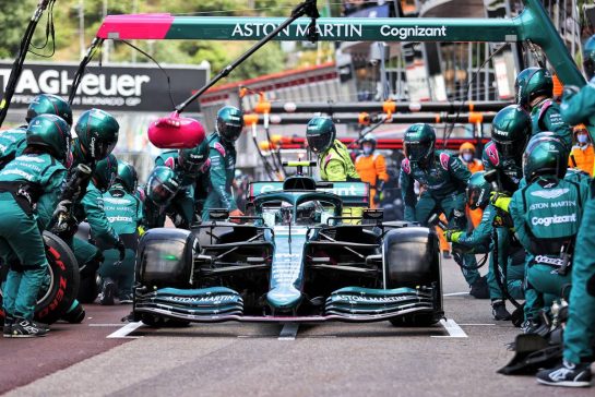 Sebastian Vettel (GER) Aston Martin F1 Team AMR21 makes a pit stop.
23.05.2021. Formula 1 World Championship, Rd 5, Monaco Grand Prix, Monte Carlo, Monaco, Race Day.
- www.xpbimages.com, EMail: requests@xpbimages.com © Copyright: Charniaux / XPB Images