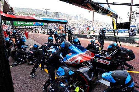 Fernando Alonso (ESP) Alpine F1 Team A521 makes a pit stop.
23.05.2021. Formula 1 World Championship, Rd 5, Monaco Grand Prix, Monte Carlo, Monaco, Race Day.
- www.xpbimages.com, EMail: requests@xpbimages.com © Copyright: Charniaux / XPB Images