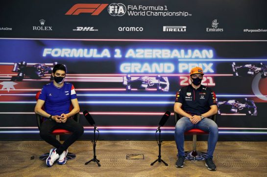 (L to R): Esteban Ocon (FRA) Alpine F1 Team and Max Verstappen (NLD) Red Bull Racing in the FIA Press Conference.
03.06.2021. Formula 1 World Championship, Rd 6, Azerbaijan Grand Prix, Baku Street Circuit, Azerbaijan, Preparation Day.
- www.xpbimages.com, EMail: requests@xpbimages.com © Copyright: FIA Pool Image for Editorial Use Only