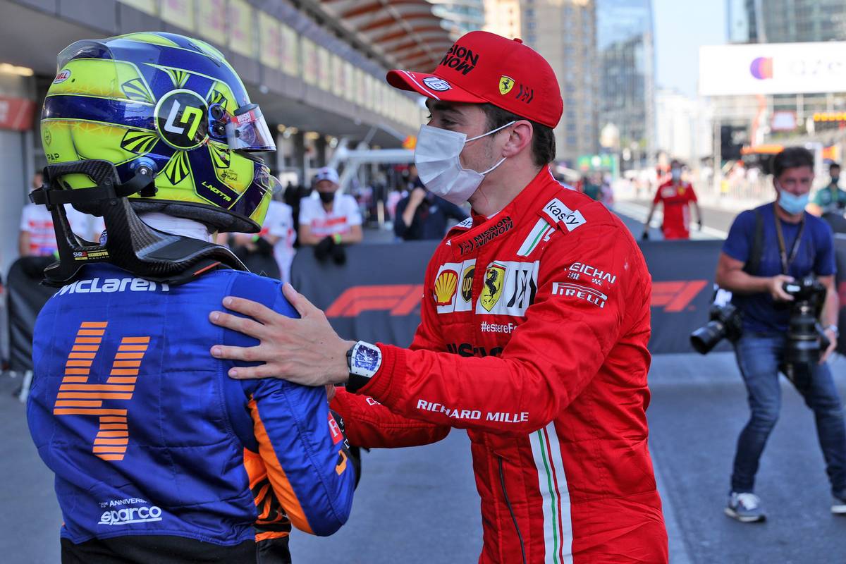 Charles Leclerc (MON) Ferrari (Right) celebrates his pole position in qualifying parc ferme with Lando Norris (GBR) McLaren. 05.06.2021. Formula 1 World Championship, Rd 6, Azerbaijan Grand Prix, Baku