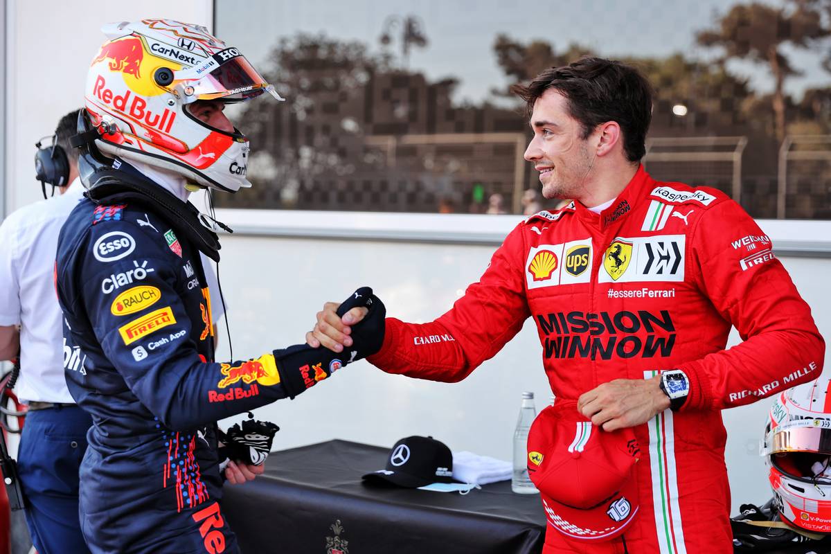Charles Leclerc (MON) Ferrari (Right) celebrates his pole position in qualifying parc ferme with Max Verstappen (NLD) Red Bull Racing. 05.06.2021. Formula 1 World Championship, Rd 6, Azerbaijan Grand Prix, Baku