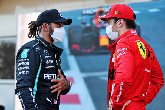 (L to R): Lewis Hamilton (GBR) Mercedes AMG F1 with Charles Leclerc (MON) Ferrari in qualifying parc ferme.
05.06.2021. Formula 1 World Championship, Rd 6, Azerbaijan Grand Prix, Baku Street Circuit, Azerbaijan, Qualifying Day.
- www.xpbimages.com, EMail: requests@xpbimages.com © Copyright: Batchelor / XPB Images