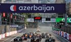 Sebastian Vettel (GER) Aston Martin F1 Team AMR21; Sergio Perez (MEX) Red Bull Racing RB16B; and Lewis Hamilton (GBR) Mercedes AMG F1 W12 at the restart of the race. 06.06.2021. Formula 1 World Championship, Rd 6, Azerbaijan Grand Prix, Baku
