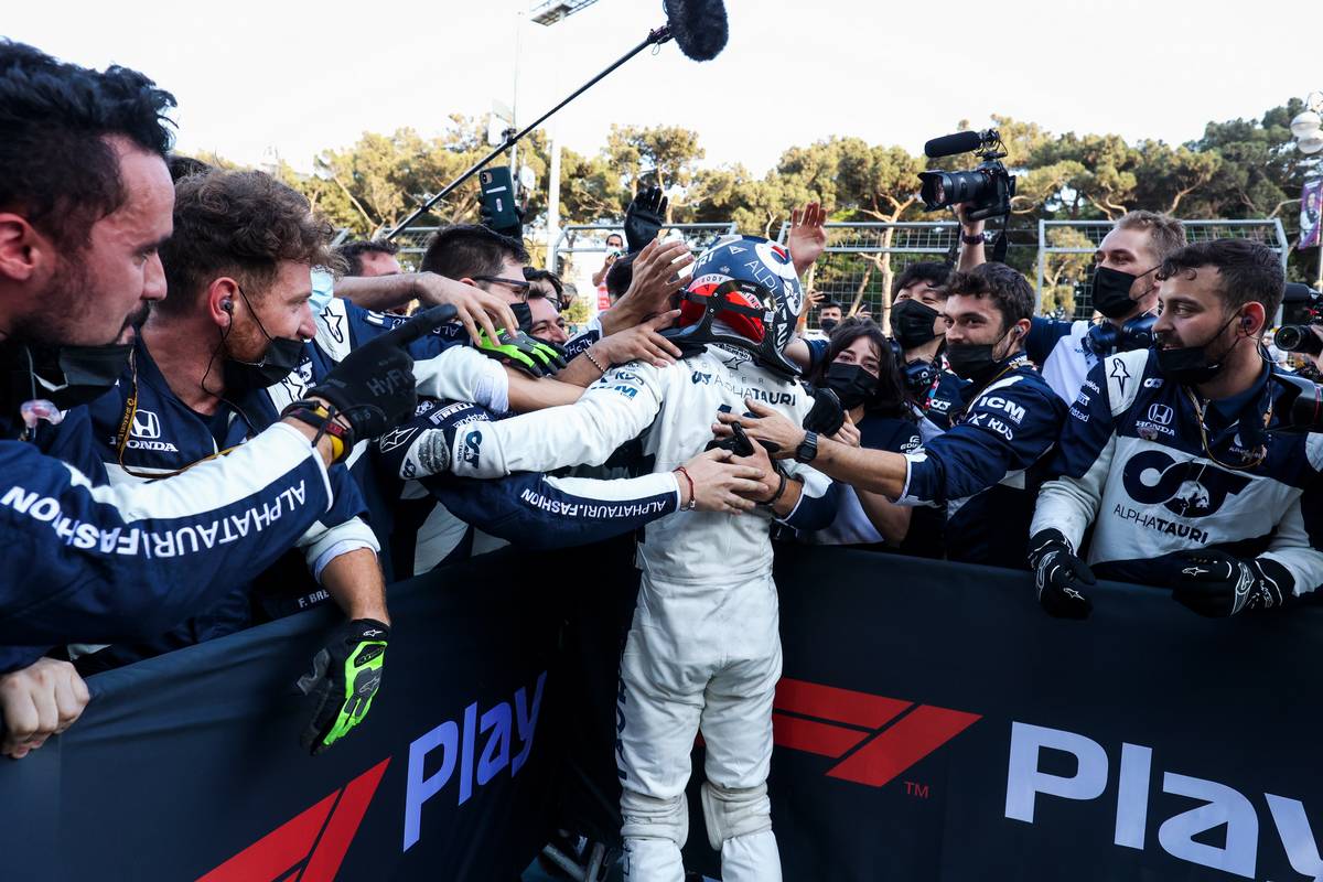 Pierre Gasly (FRA) AlphaTauri celebrates his third position with the team in parc ferme. 06.06.2021. Formula 1 World Championship, Rd 6, Azerbaijan Grand Prix, Baku