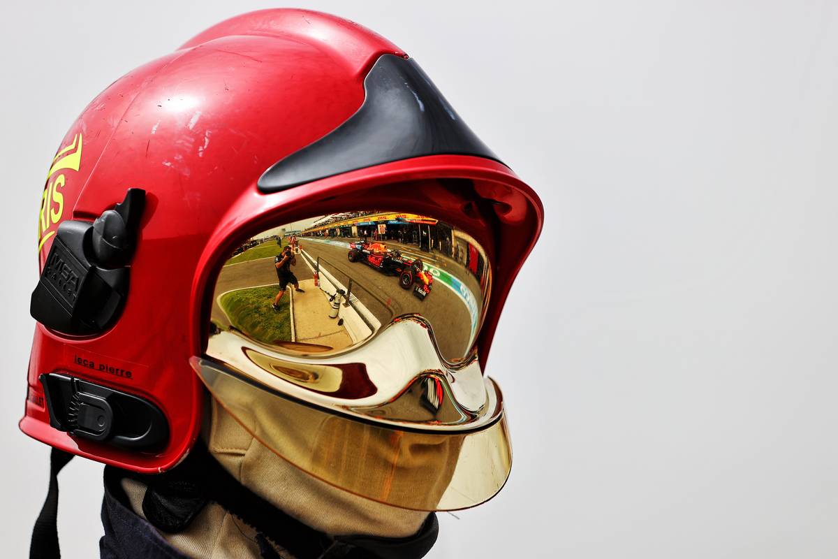 Max Verstappen (NLD) Red Bull Racing RB16B reflected in a fire marshal's helmet visor. 19.06.2021. Formula 1 World Championship, Rd 7, French Grand Prix, Paul Ricard