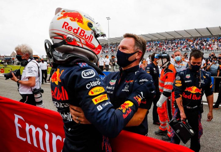 Race winner Max Verstappen (NLD) Red Bull Racing celebrates with Christian Horner (GBR) Red Bull Racing Team Principal in parc ferme. 20.06.2021. Formula 1 World Championship, Rd 7, French Grand Prix, Paul Ricard