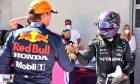 Max Verstappen (NLD) Red Bull Racing celebrates his pole position in qualifying parc ferme with Lewis Hamilton (GBR) Mercedes AMG F1. 26.06.2021. Formula 1 World Championship, Rd 8, Steiermark Grand Prix, Spielberg